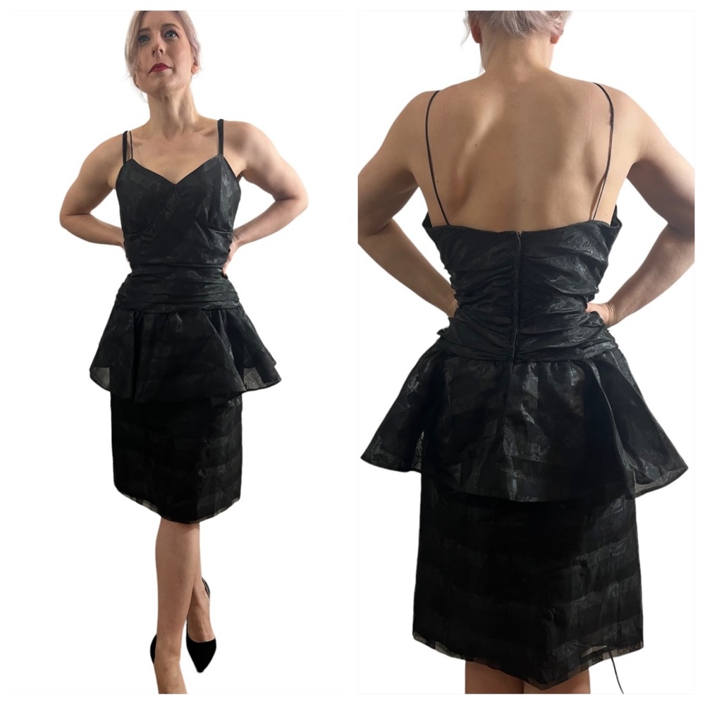 Gorgeous 1980’s Black Vintage Dress with Peplum Detail & Spaghetti Straps, Small